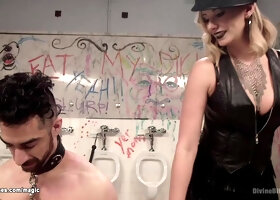 Public toilet femdom pegging