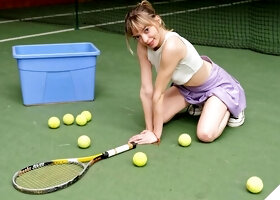 Mixie Veil strips off her purple tennis skirt on an indoor court and plays with herself