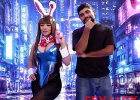 Cosplay brunette in a blue bodysuit gets fucked against a neon cyberpunk city backdrop